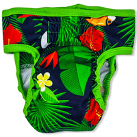 Thumbnail for This tropical diaper has a black background with bright green leaves, yellow flowers, red flowers and toucans with matching green binding. (Back)