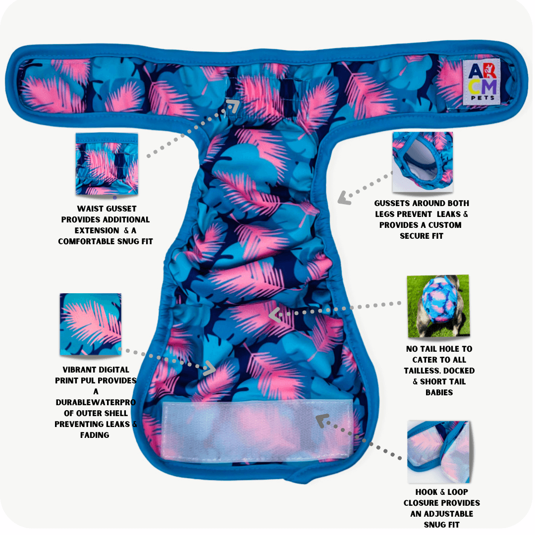 Outside the Diapers is a waist gusset that provides additional extension and a comfortable snug fit. Vibrant digital print PUL provides a durable waterproof outer shell preventing leaks and fading. Gussets around both legs prevent leaks and provides a custom secure fit. No tail hole to cater to all tailless, docked and short tail babies. Hook and Loop closure provides an adjustable snug fit.