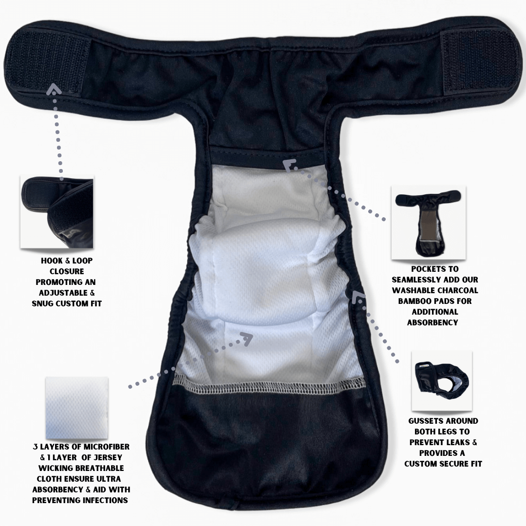 Inside the Dog Diapers are Hook and Loop closures to promote an adjustable and snug fit. Pockets to seamlessly add our washable bamboo charcoal pads for additional absorbency. Three layers of microfiber and one layer of jersey wicking cloth to ensure ultra absorbency and aid in preventing infections. Gussets around both legs to prevent leaks and provides a custom fit.
