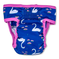 Thumbnail for This blue diaper is digitally printed PUL with swans, pink flowers paired with matching pink binding on the edges. (back)