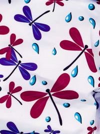 Thumbnail for Close up of the Free Spirit Cheeky (diaper) print. They are white with fuchsia dragonflies, purple dragonflies and blue rain drops. 