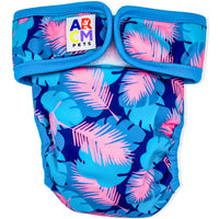 Thumbnail for This diaper has a dark blue background with light blue leaves, light pink feather and a matching light blue binding. (Front)