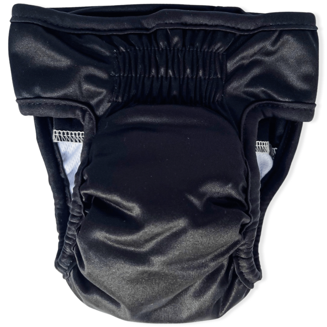 Black Female Dog Diaper without tail hole is all Black with Black Hook and Loop Closures and White pad interior. (Back)