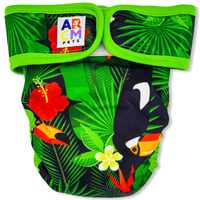 Thumbnail for This tropical diaper has a black background with bright green leaves, yellow flowers, red flowers and toucans with matching green binding. (Front)