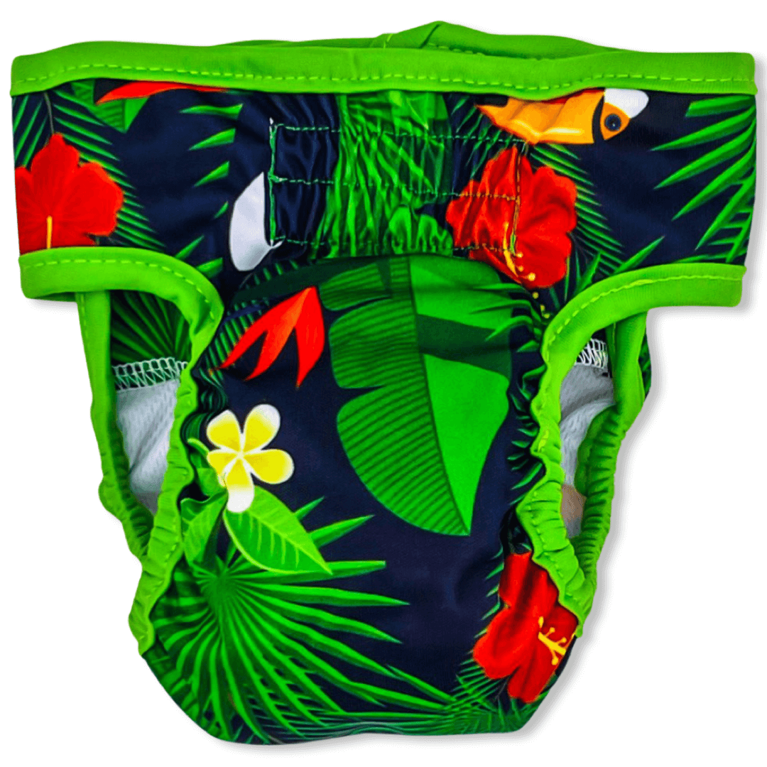 This tropical diaper has a black background with bright green leaves, yellow flowers, red flowers and toucans with matching green binding. (Back)