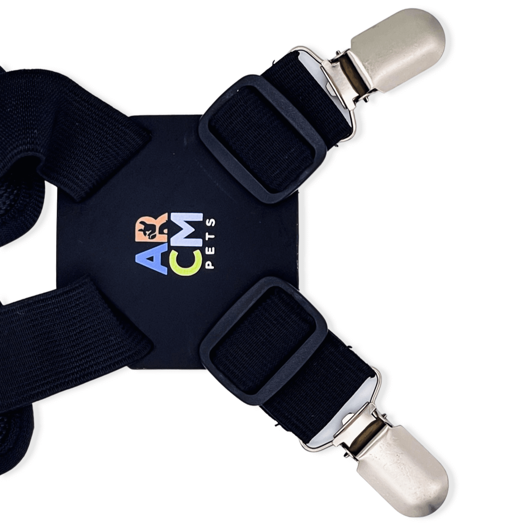 Close up, overhead view of the suspender's back plate with logo, adjustment bars and metal clasps.